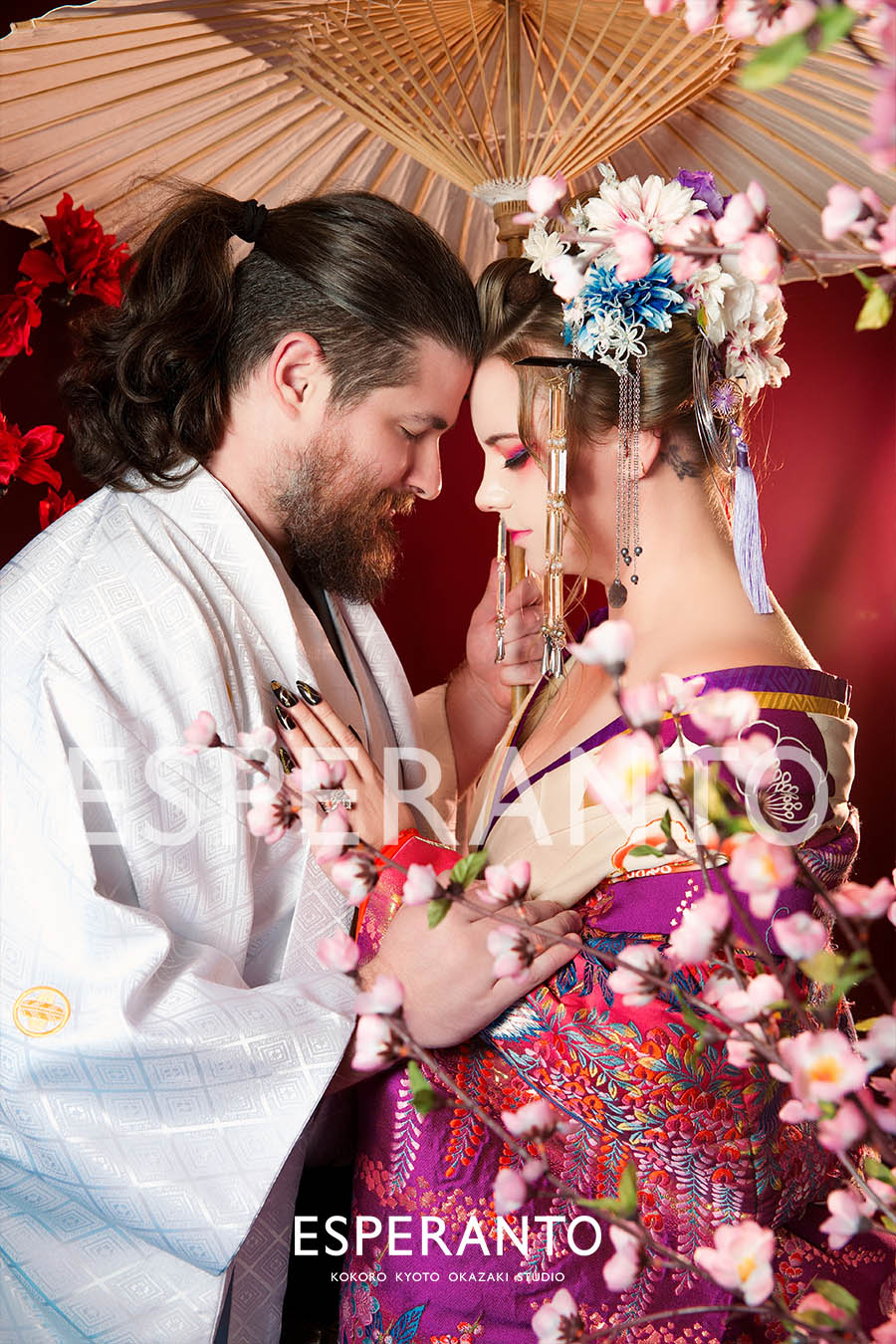 Romantic couple photoshoot in Ukiyo Style with foreheads touching