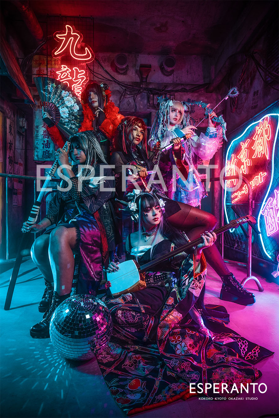 Cyberpunk photoshoot featuring Crawler Doll in a sailor-style outfit