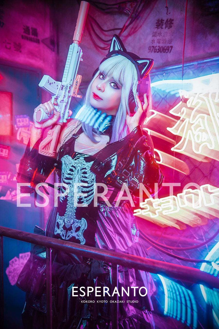 Dennou Doll style with a translucent white wig and futuristic makeup