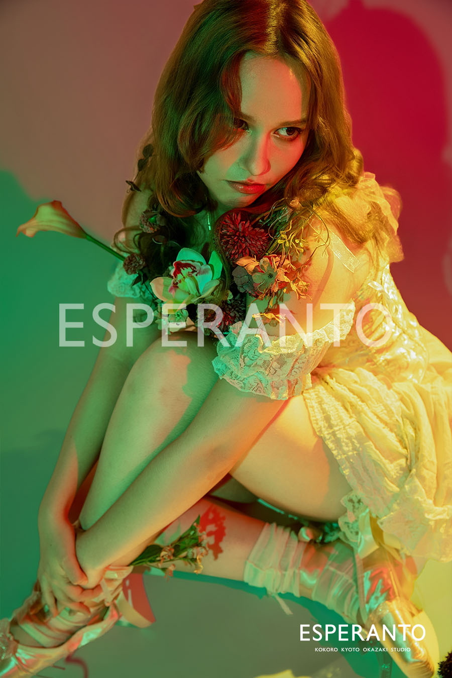 Sepia-toned portrait of a guest in a floral Yumebami photography set